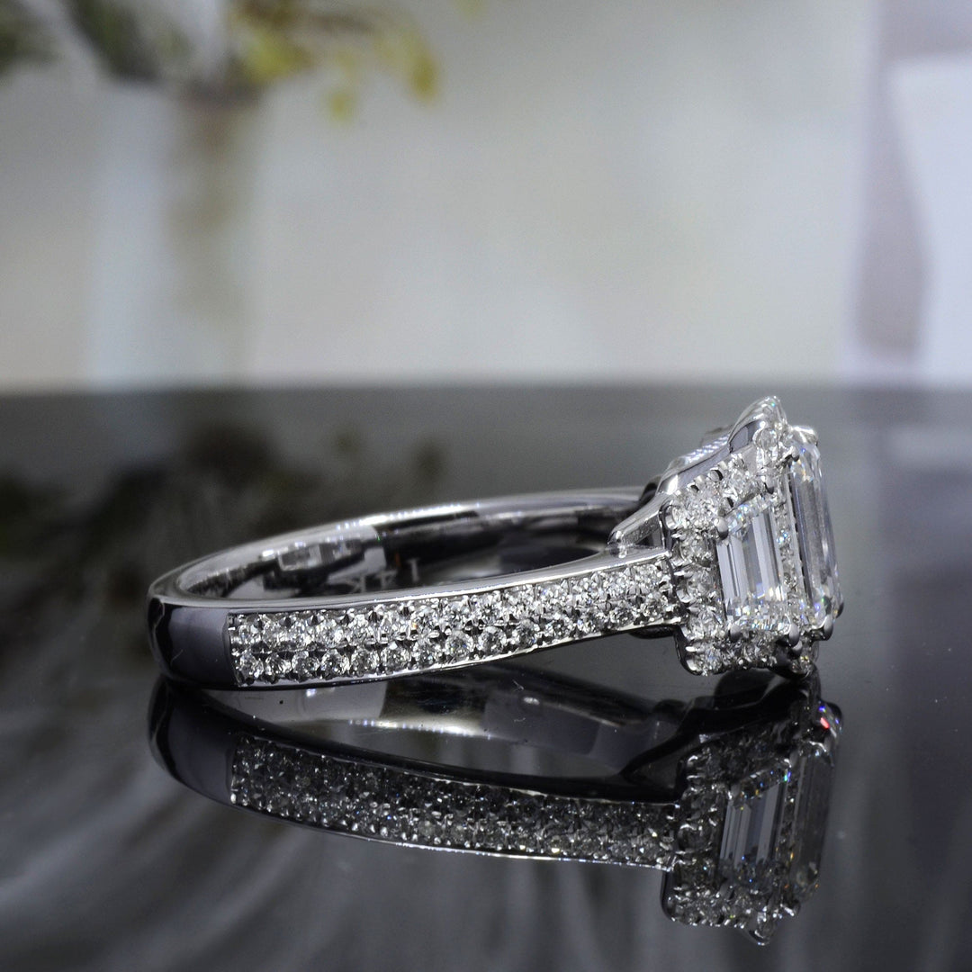 2.50 Ct. Halo Emerald Cut & Trapezoids Engagement Ring G Color VS1 GIA Certified