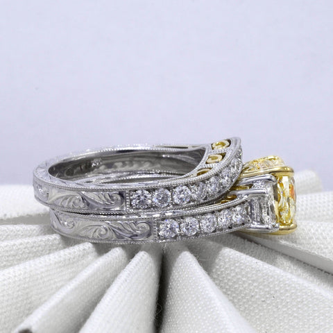 Yellow Art Deco Radiant Cut Diamond Ring with Matching Band