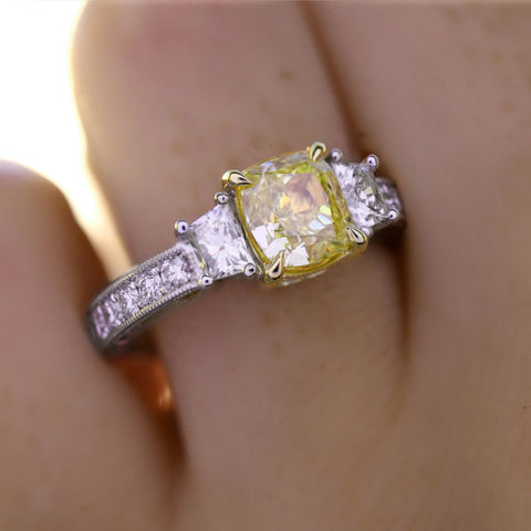 2.40 Ct. Canary Fancy Yellow Cushion & Trapezoid Diamond Ring VS2 GIA Certified