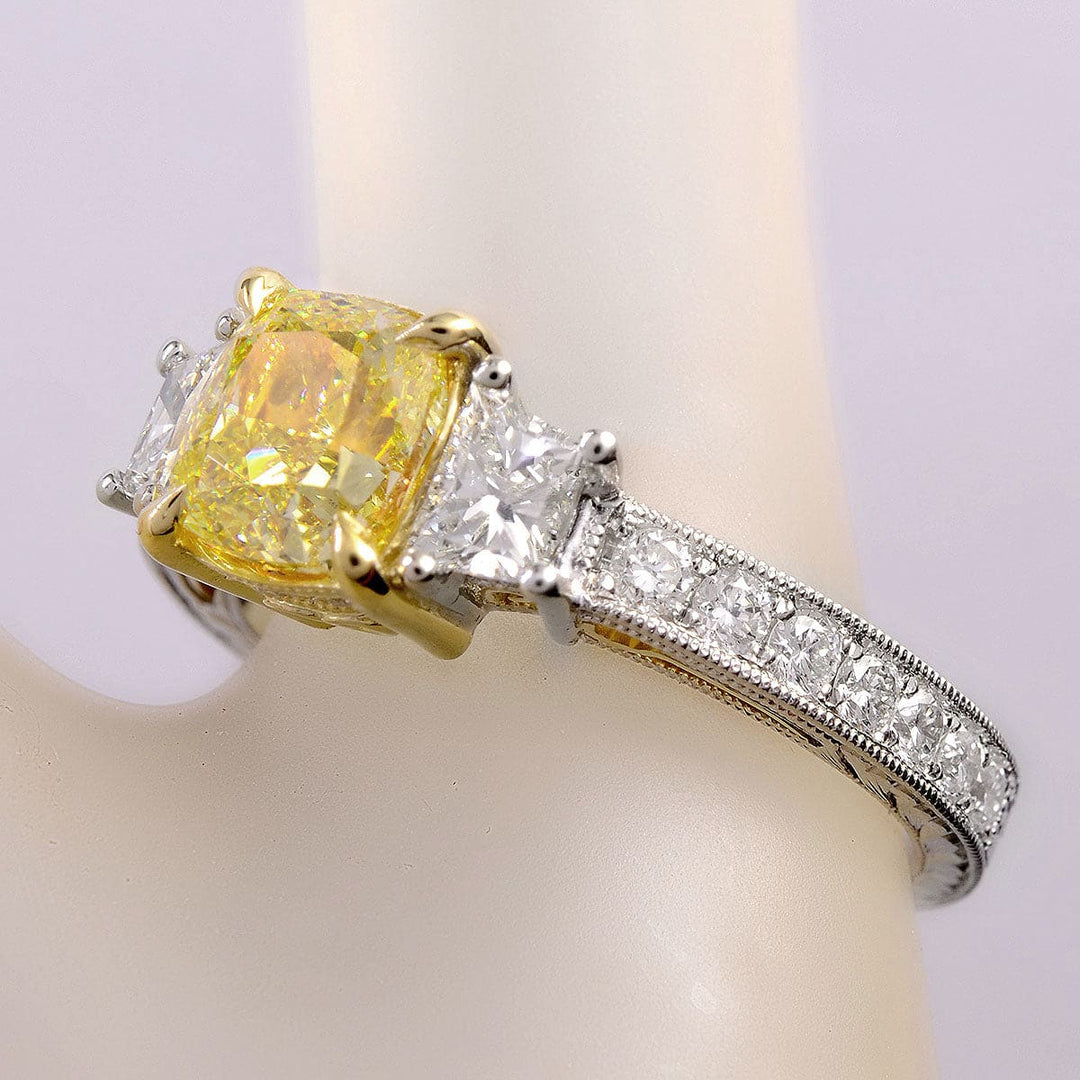 2.60 Ct. Canary Fancy Yellow Cushion Cut Three-Stone Ring VS1 GIA Certified