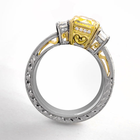 Yellow Cushion Cut Hand-Carved Diamond Ring Side View