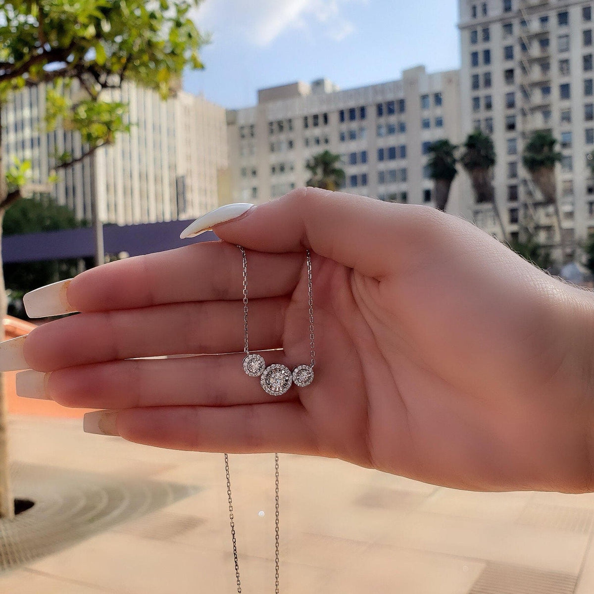 Halo diamond trio past present future necklace