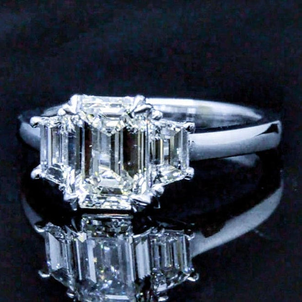 1.50 Ct. 3 Stone Emerald Cut Diamond Ring with Trapezoids F Color VS1 GIA Certified