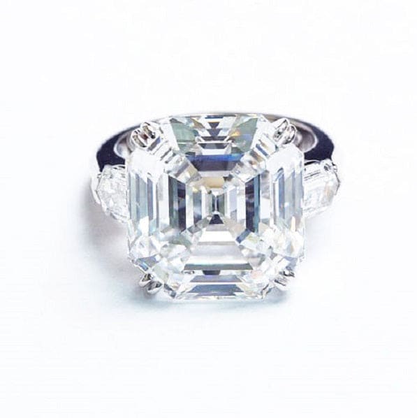 Three stone asscher cut diamond ring