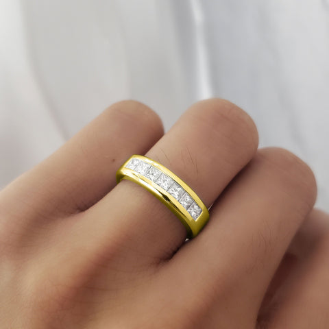 Men's Diamond Ring Channel Set Princess Cut Yellow on Hand