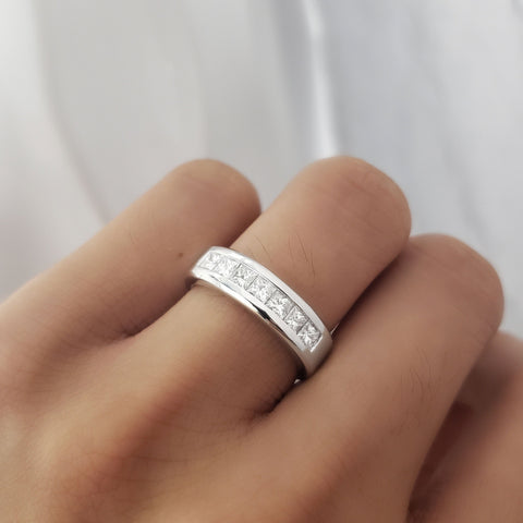 Men's Diamond Ring Channel Set Princess Cut White on Hand