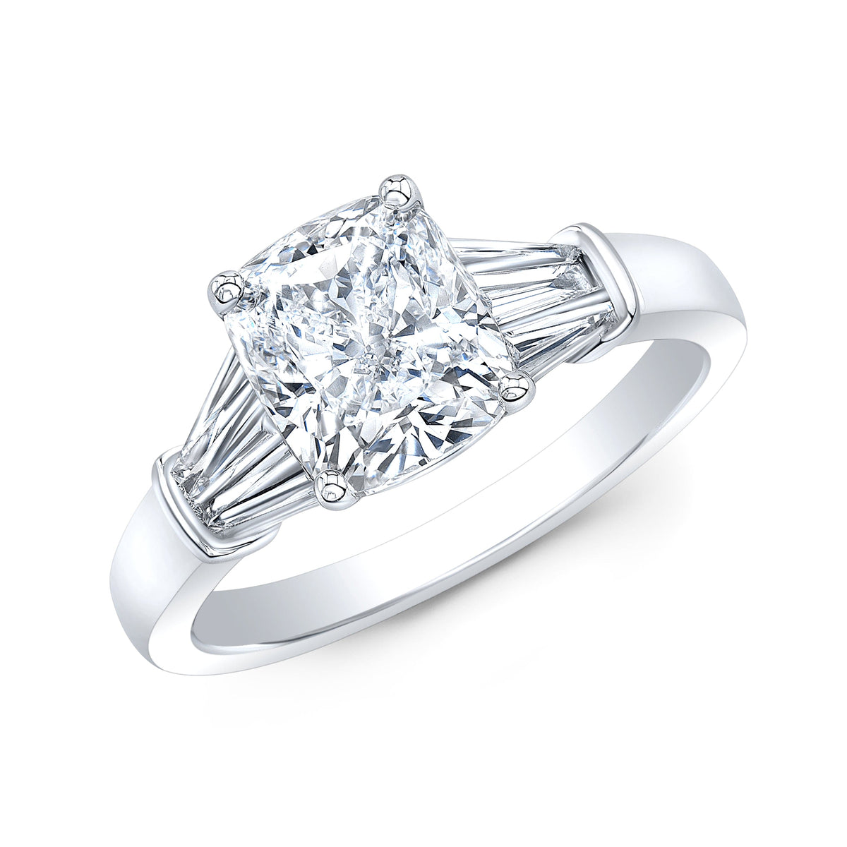 Naturalcushioncustombaguettessidestonesdiamondengagementringwhitegoldplatinumprofilefrontview