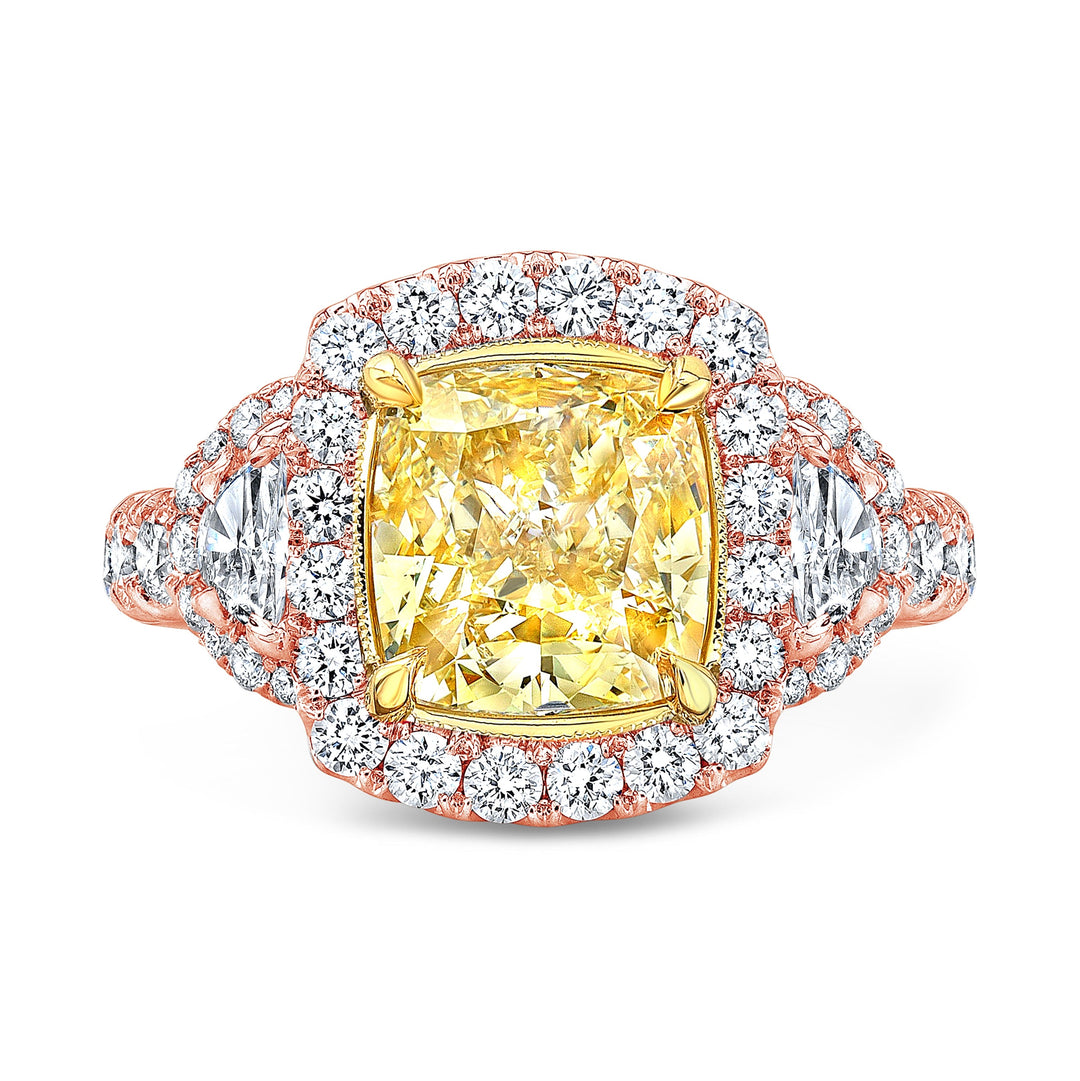 Canary Fancy Yellow Halo Cushion Cut Diamond Ring w Half Moons rose gold