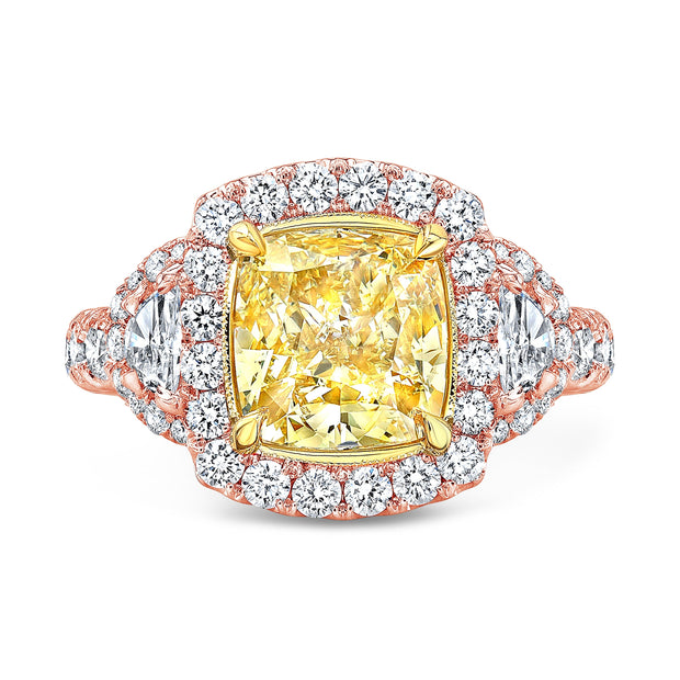 Canary Fancy Yellow Halo Cushion Cut Diamond Ring w Half Moons rose gold