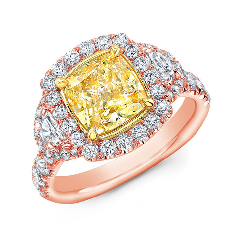 Canary Fancy Yellow Halo Cushion Cut Diamond Ring w Half Moons rose gold