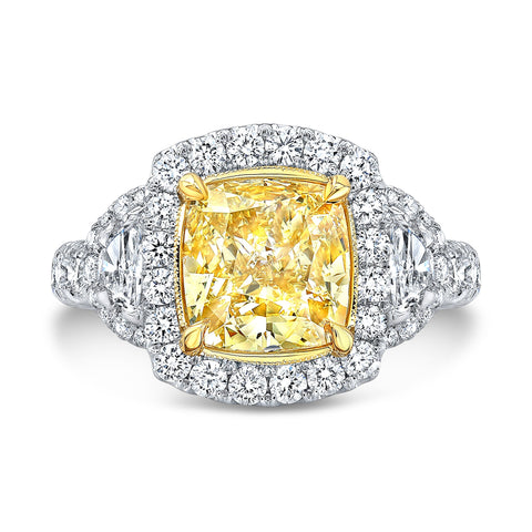 Canary Fancy Yellow Halo Cushion Cut Diamond Ring w Half Moons front view