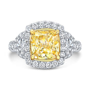 Canary Fancy Yellow Halo Cushion Cut Diamond Ring w Half Moons front view