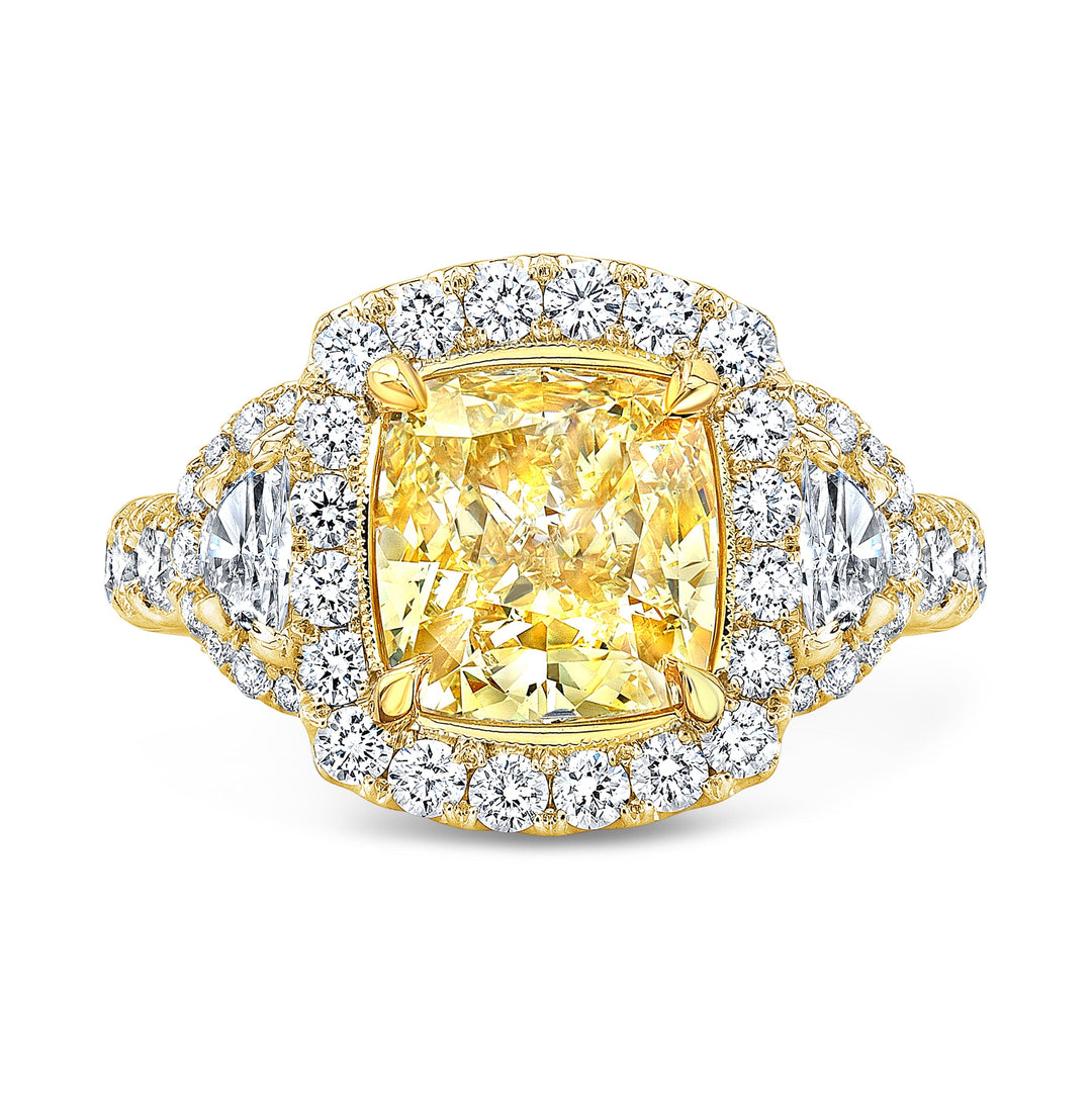 Canary Fancy Yellow Halo Cushion Cut Diamond Ring w Half Moons