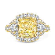 Canary Fancy Yellow Halo Cushion Cut Diamond Ring w Half Moons