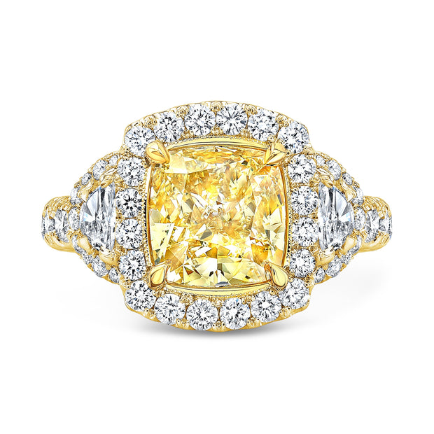 Canary Fancy Yellow Halo Cushion Cut Diamond Ring w Half Moons