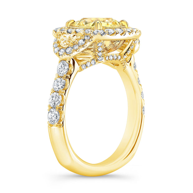 Canary Fancy Yellow Halo Cushion Cut Diamond Ring w Half Moons