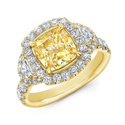 Canary Fancy Yellow Halo Cushion Cut Diamond Ring w Half Moons yellow gold