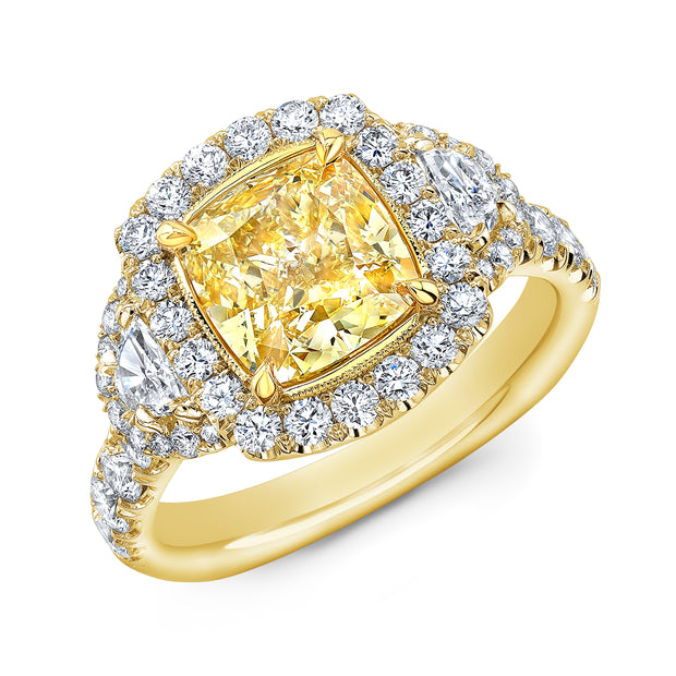 Canary Fancy Yellow Halo Cushion Cut Diamond Ring w Half Moons yellow gold