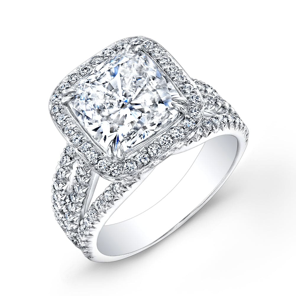 Natural cushion cut halo 3 row split shank diamond engagement ring