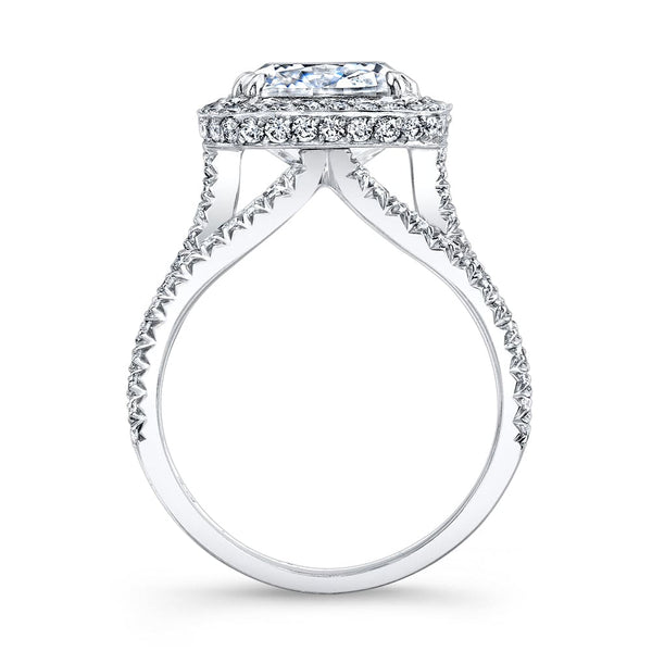 Natural Cushion Cut Halo 3 Row Split Shank Diamond Engagement Ring