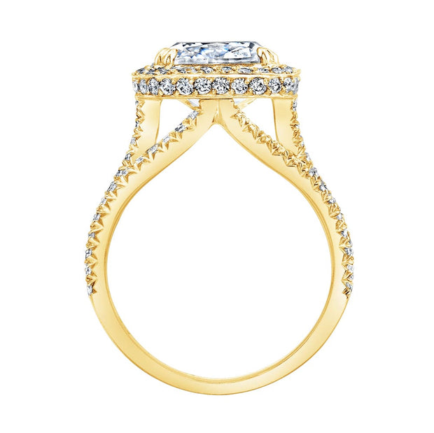 Natural Cushion Cut Halo 3 Row Split Shank Diamond Engagement Ring yellow gold side view