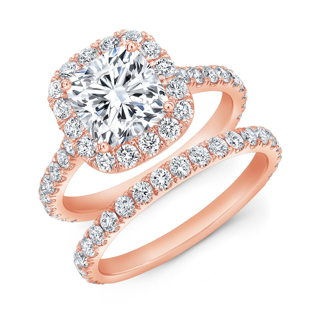 Halo Cushion Engagement Ring Set Rose Gold