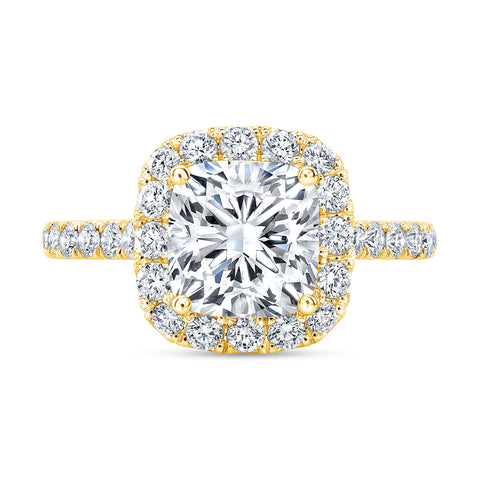 Halo Cushion Engagement Ring Set Yellow Front View