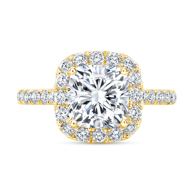 Halo Cushion Engagement Ring Set Yellow Front View