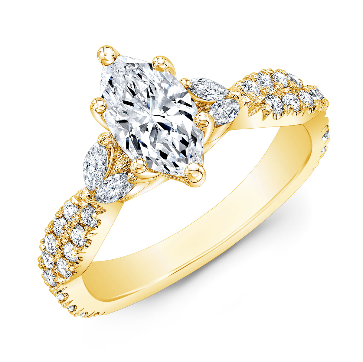 Yellow gold semi setting tulip diamond engagement ring with marquise and round u pave
