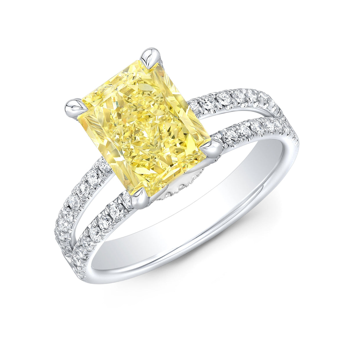 Radiant cut fancy yellow hidden halo split shank diamond engagement ring white gold angle view