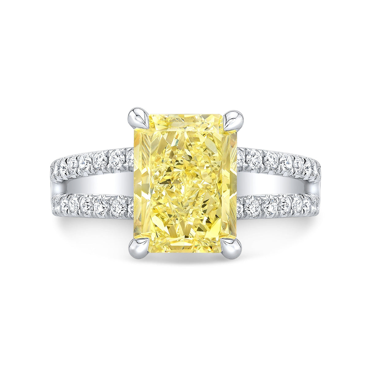 Radiant cut fancy yellow hidden halo split shank diamond engagement ring white gold top view