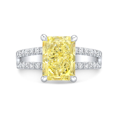 Radiant Cut Fancy Yellow Hidden Halo Split Shank Diamond Engagement Ring white gold top view