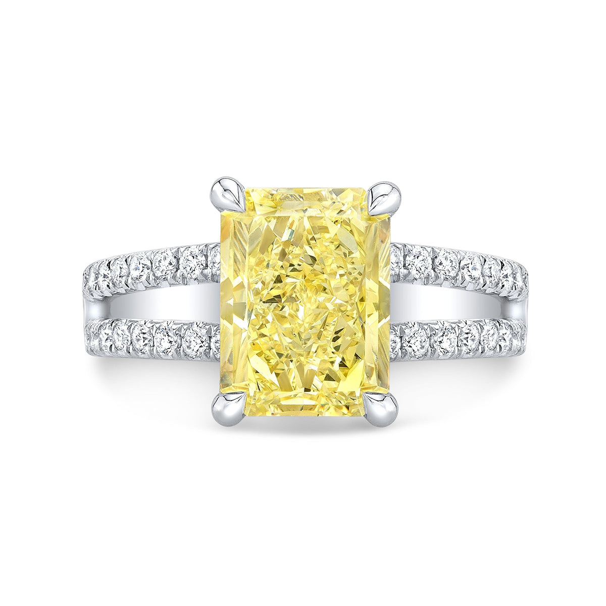 Radiant cut fancy yellow hidden halo split shank diamond engagement ring white gold top view