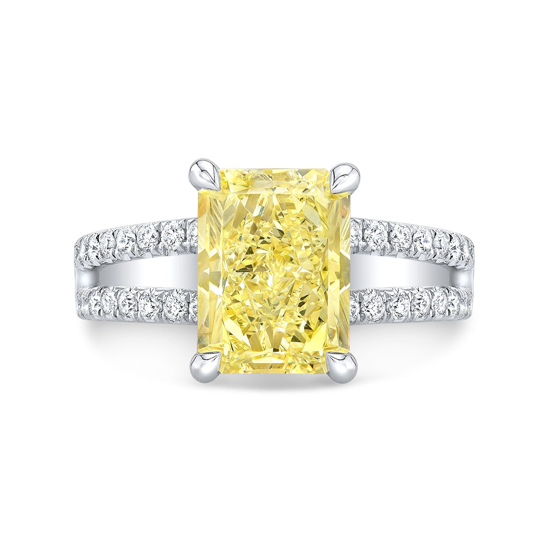 Radiant Cut Fancy Yellow Hidden Halo Split Shank Diamond Engagement Ring white gold top view