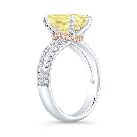 Radiant Cut Fancy Yellow Hidden Halo Split Shank Diamond Engagement Ring rose gold side view