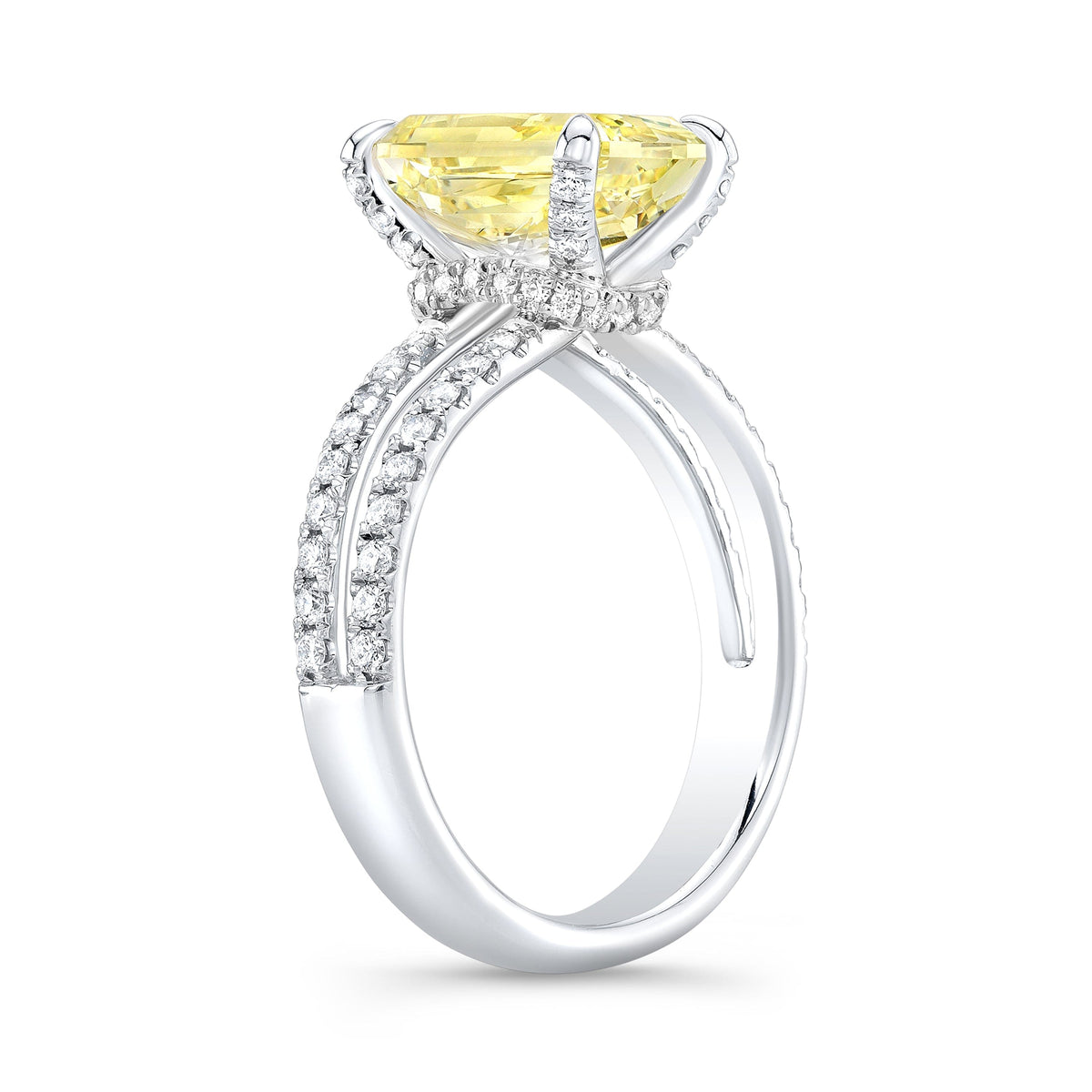 Radiant cut fancy yellow hidden halo split shank diamond engagement ring white gold side view