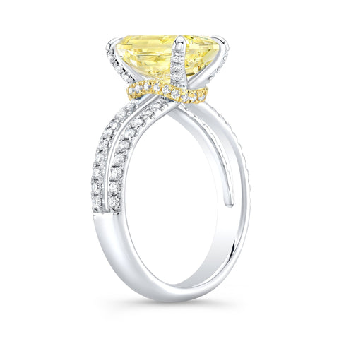 Radiant Cut Fancy Yellow Hidden Halo Split Shank Diamond Engagement Ring yellow gold side view