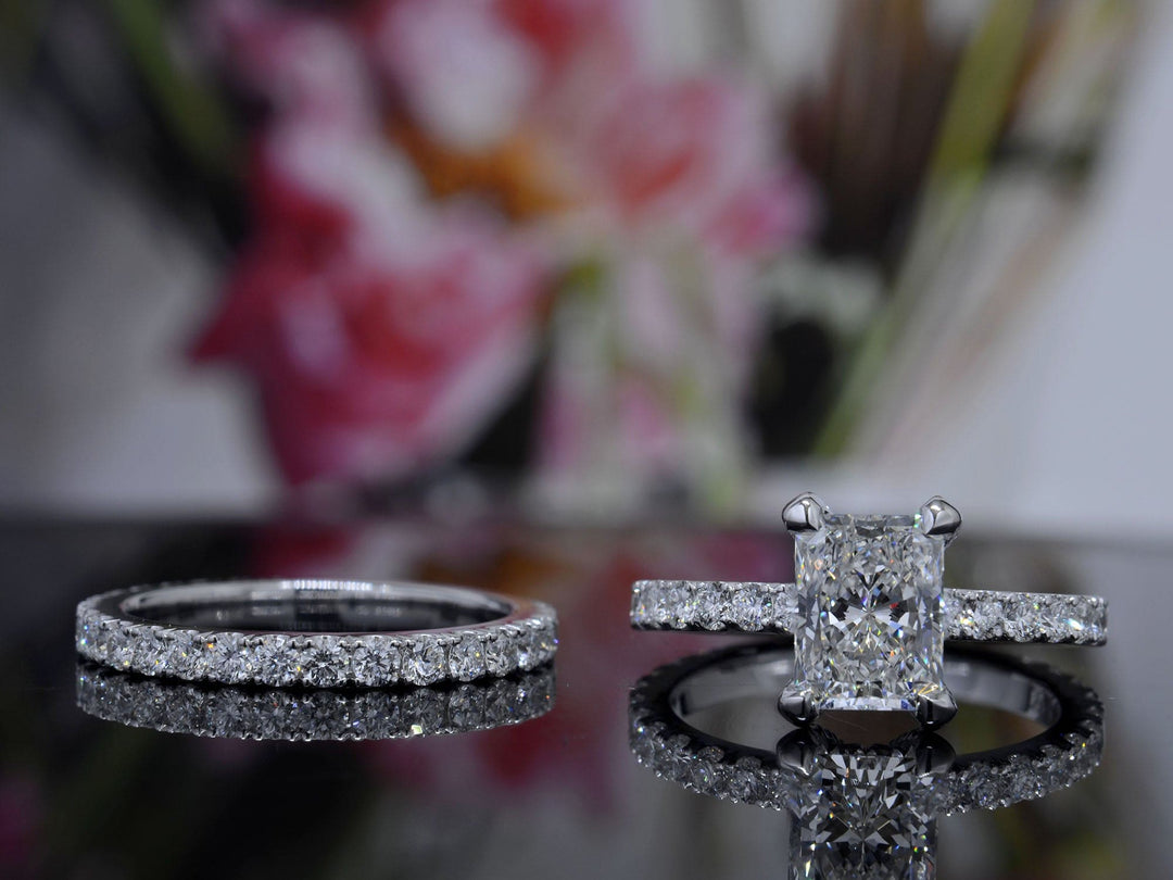 Radiant Cut Hidden Halo Engagement Ring Set