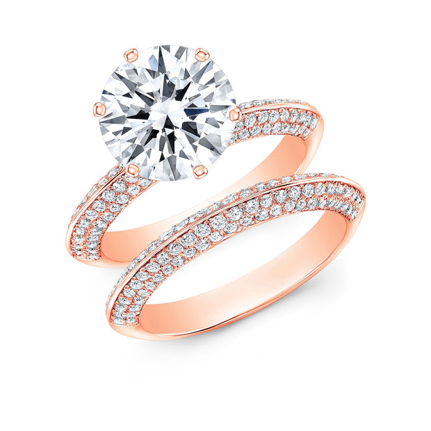 Semi Setting Pave Knife Edge Diamond Engagement Ring With Matching Band in rose gold