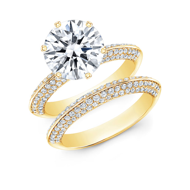yellow gold Semi Setting Pave Knife Edge Diamond Engagement Ring With Matching Band