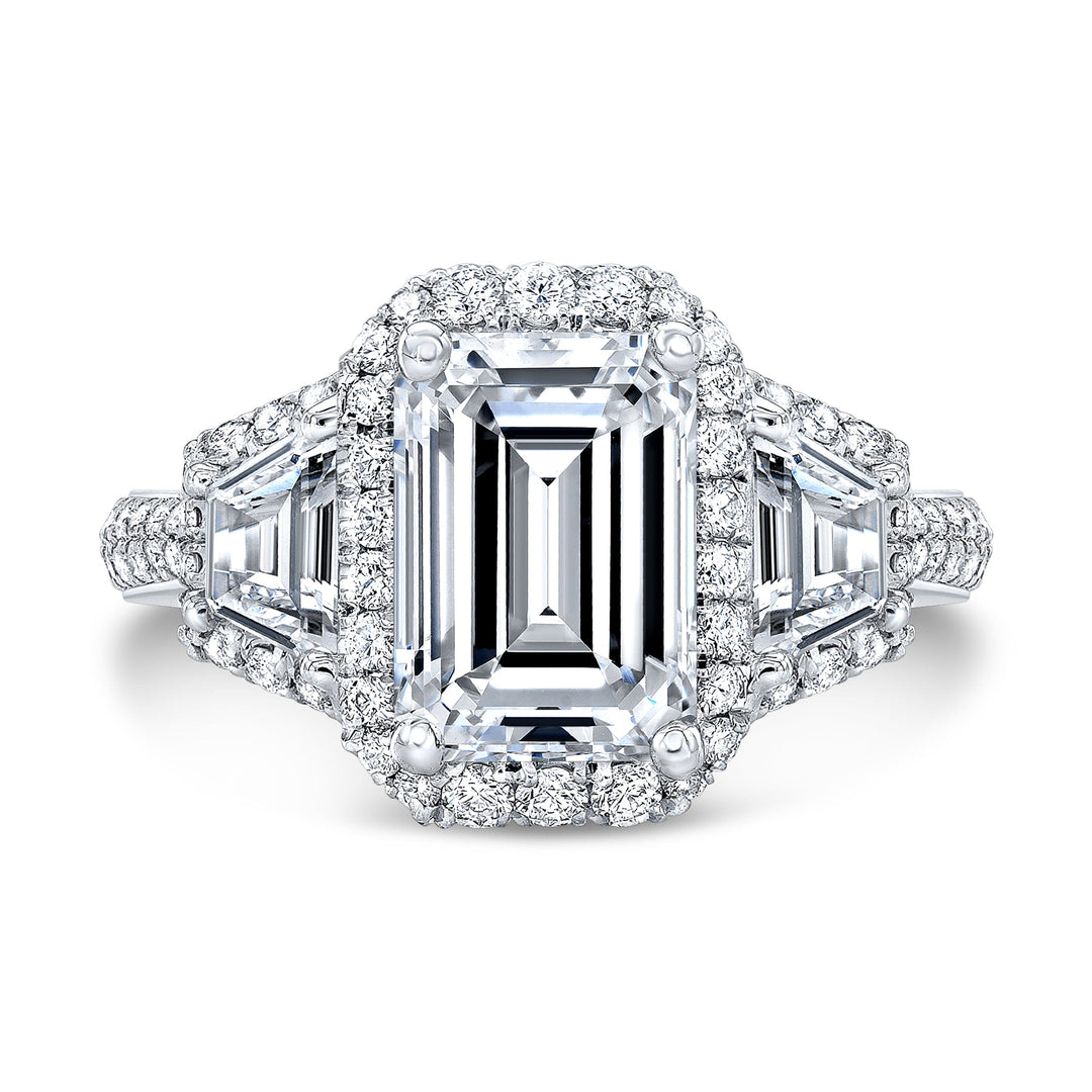 4.0 Ctw Halo Emerald Cut & Trapezoids Engagement Ring J Color VS1 GIA Certified