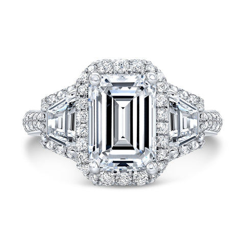 4.00 Ct. Halo Emerald Cut & Trapezoids Engagement Ring J Color VS1 GIA Certified