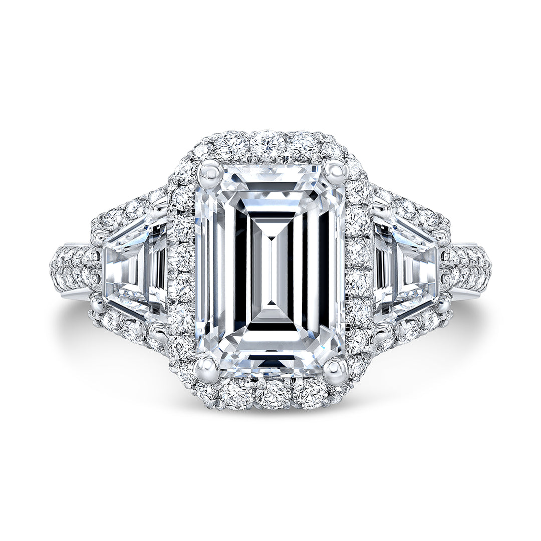 2.70 Ct. Halo Emerald & Trapezoids 3Stone Ring G Color VS1 GIA Certified