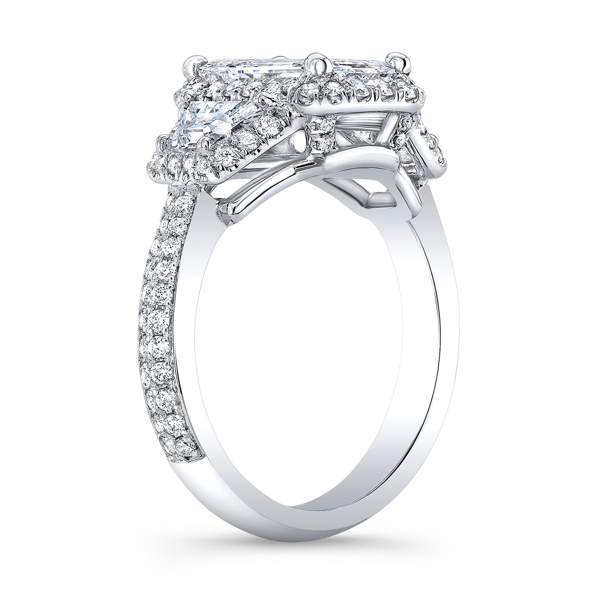 3 stone halo engagement ring side profile