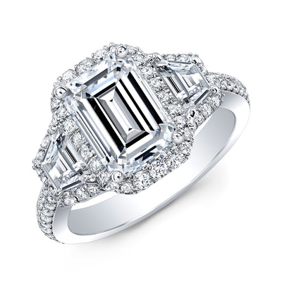 4.0 Ctw Halo Emerald Cut & Trapezoids Engagement Ring J Color VS1 GIA Certified
