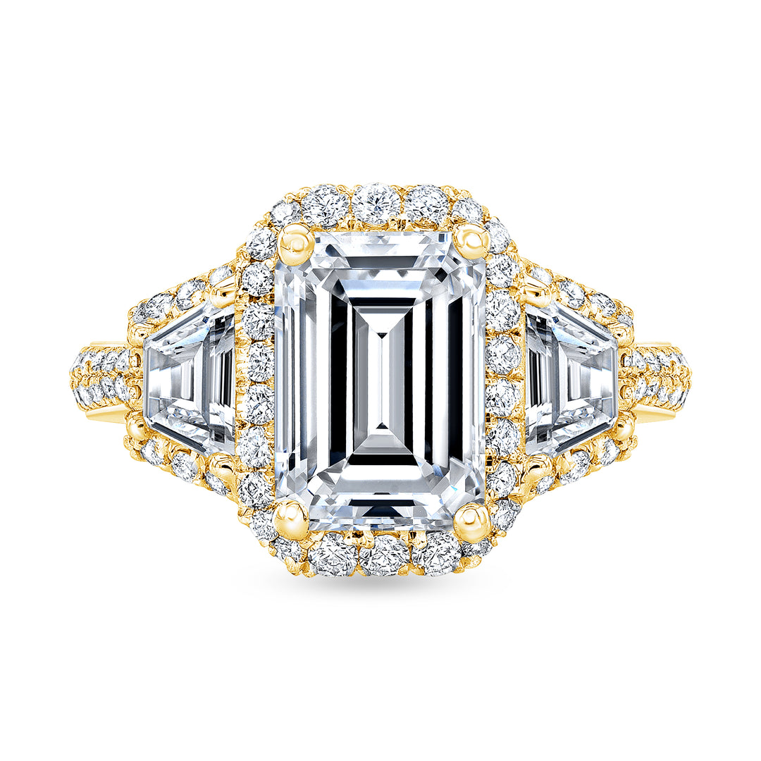 2.50 Ct. Halo Emerald & Trapezoid 3 Stone Ring H Color VS1 GIA Certified