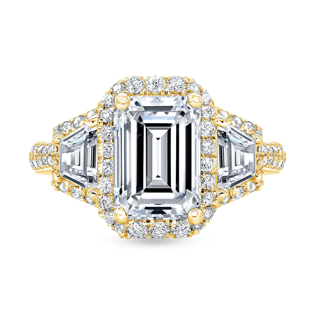 3.00 Ct. Emerald & Trapezoids 3 Stone Halo Engagement Ring G Color VVS2 GIA Certified