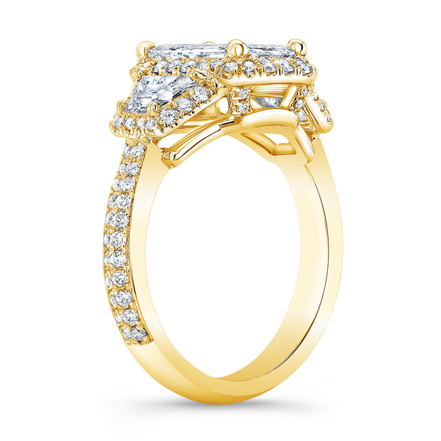 Halo Emerald & Trapezoids 3Stone Ring Yellow Gold Side Profile