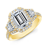 Halo Emerald & Trapezoids 3Stone Ring Yellow Gold