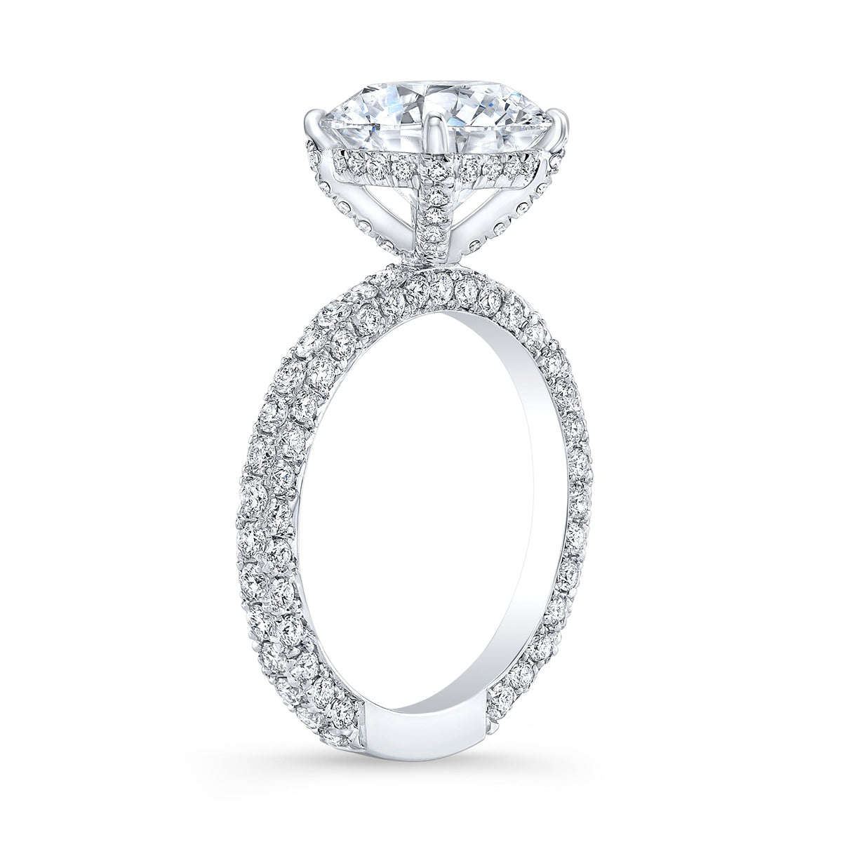 Hidden halo 3 row pave diamond ring